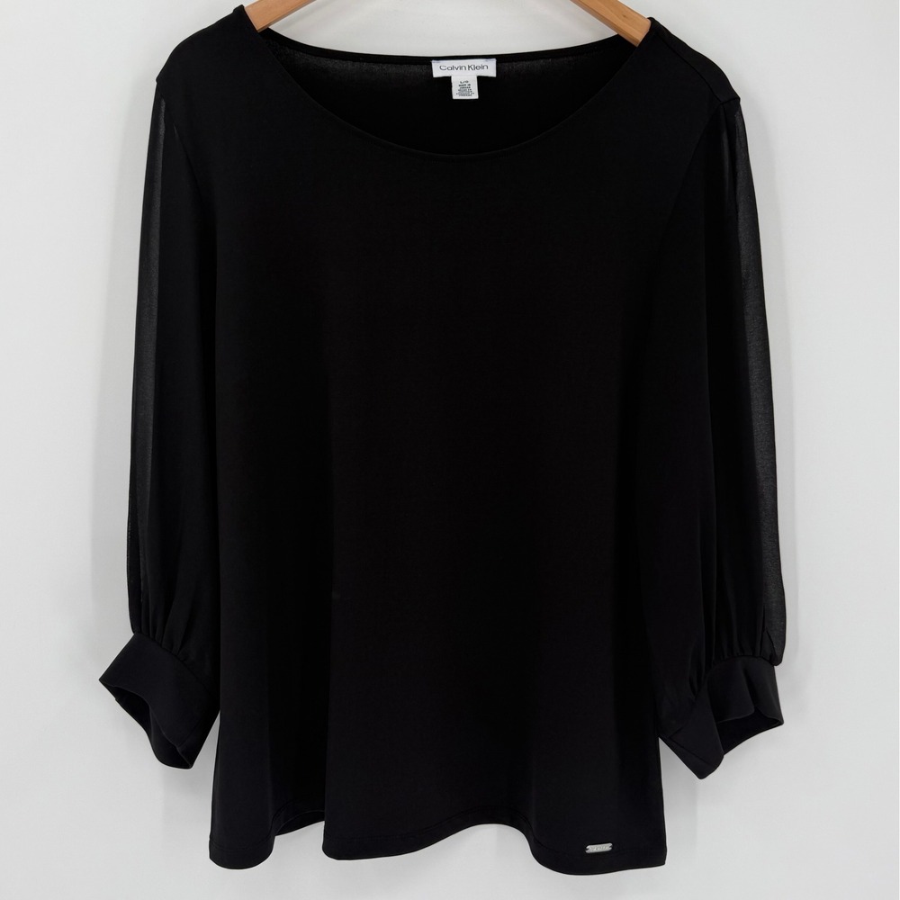 Calvin‎ Klein Black Blouse Sheer Chiffon Sleeves Boat Neck Size Large